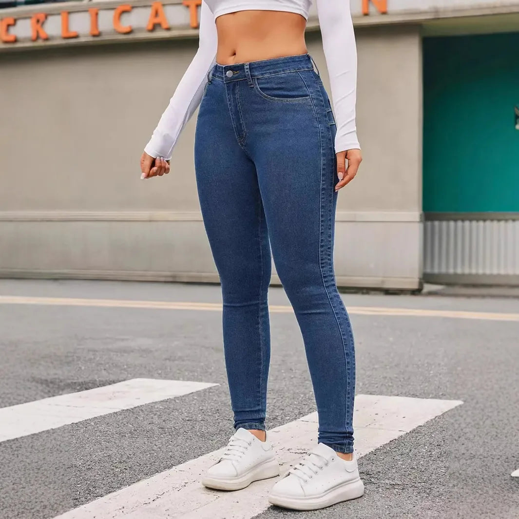 Europe and The United States Women's New Skinny Stretch Small Leg Jeans Four Seasons Simple Casual Denim Nine-point Pants Women