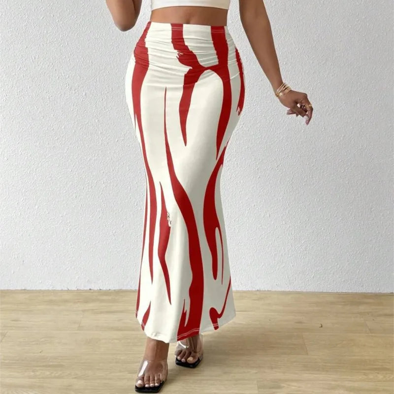 Long Skirts For Women Dressy Casual Graphic Zebra Print Pleated Skirts Spring New Fashion Elastic High Waist Geometry Streetwear