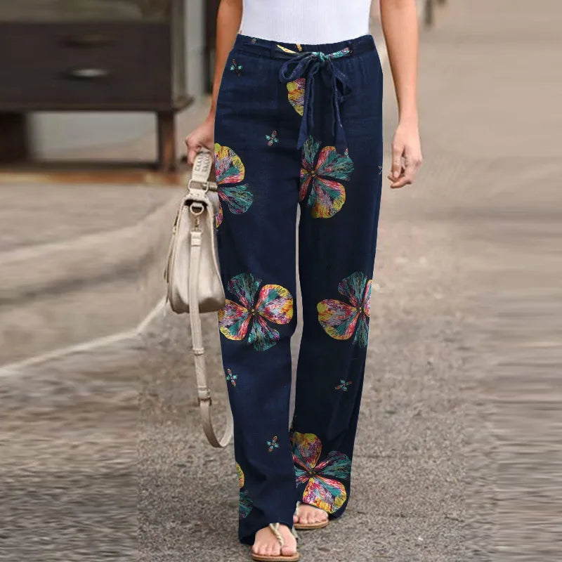 Women Casual Long Pants Print Lace Up Elastic Waist Pant Straight Spliced Pockets Lady Streetwear Elegant Lady Summer 2025