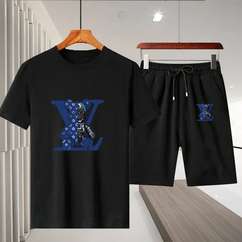 New 2025 summer leisure men's sports suit Outdoor hiking jogging men's short sleeve breathable T-shirt + shorts two-piece set
