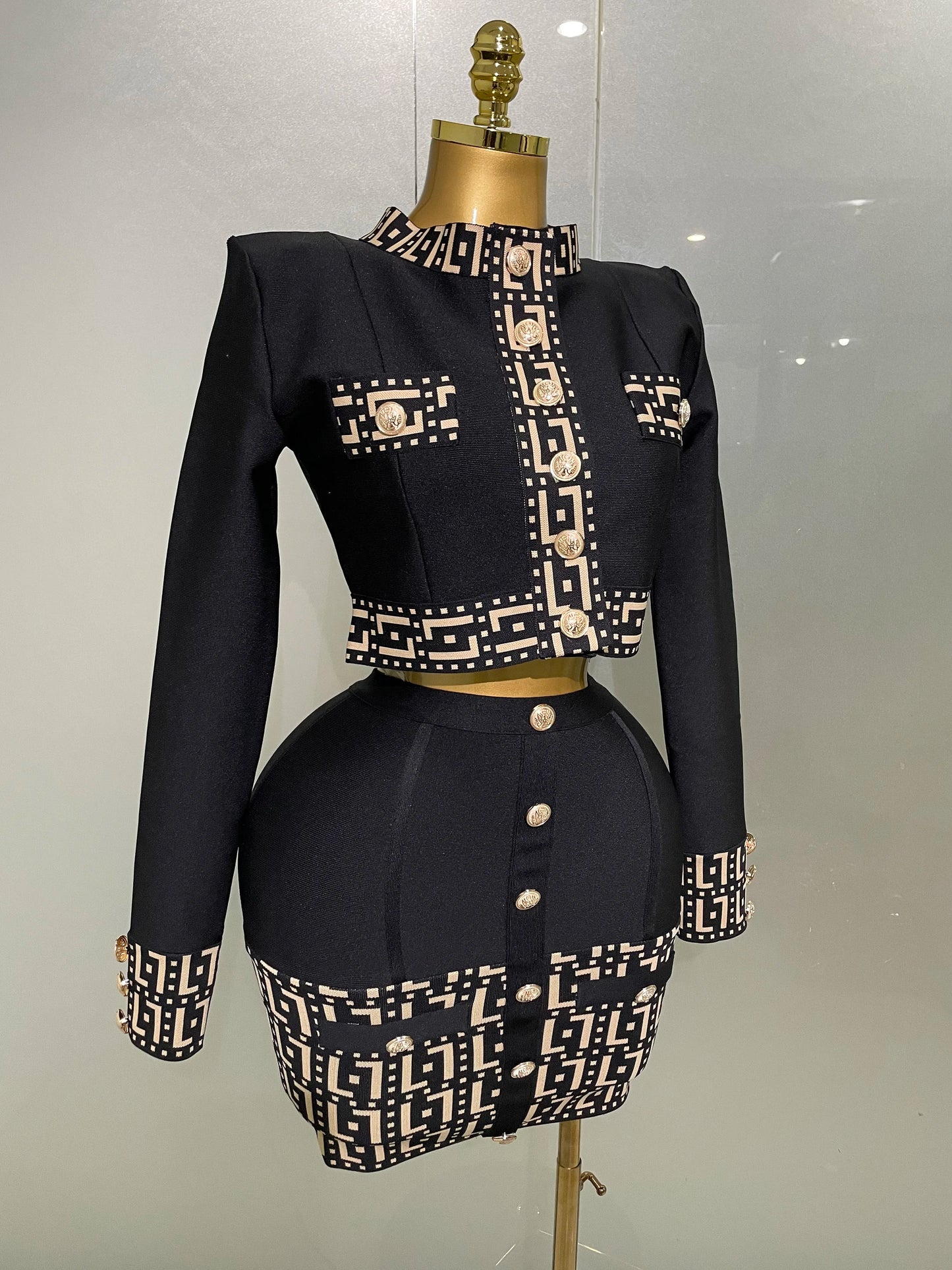 2025New Trendy Black Long Sleeves Two Pieces Bandage Set Button Top Short Skirt Suit Evening Party Women's Outfit Nightclub Wear