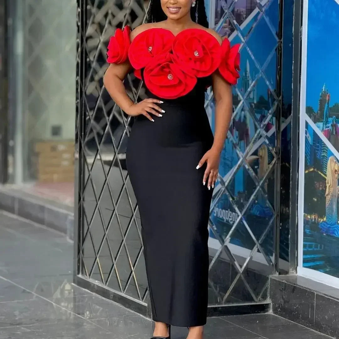 2024 High Quality Summer Women's New Black Sexy One Shoulder Dress with High Quality 3D Flower Decoration Slim Fit Bandage Dress