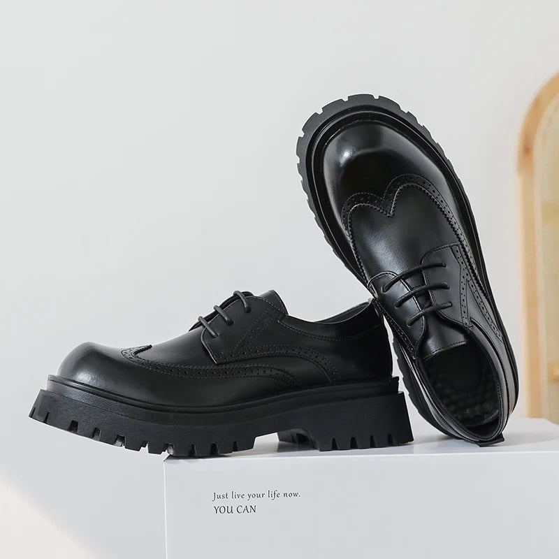 British Style Men's Block Shoes Thick Soled Durable for Office Interviews Formal Shoes Retro Brown Men's Shiny Leather Shoes