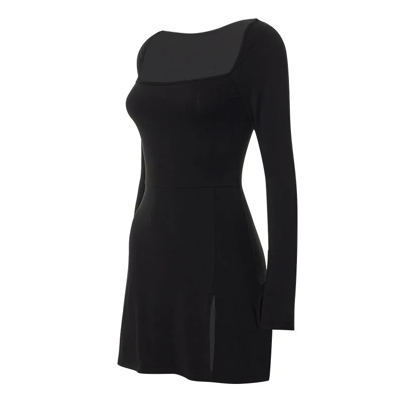 Spring New Mini Dresses Women Streetwear Fashion Long Sleeves Lace-up Split Dress Black Sexy Elegant Casual Slim Dresses Female