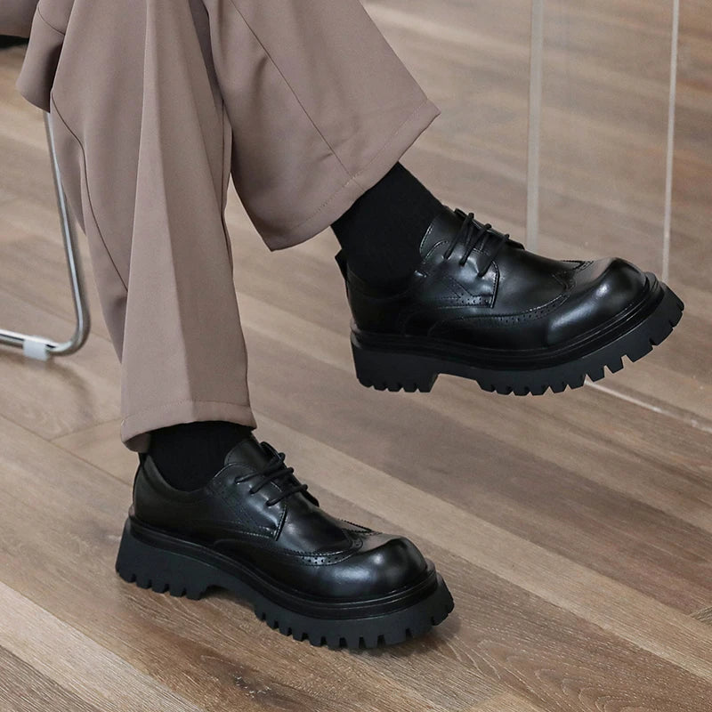 British Style Men's Block Shoes Thick Soled Durable for Office Interviews Formal Shoes Retro Brown Men's Shiny Leather Shoes