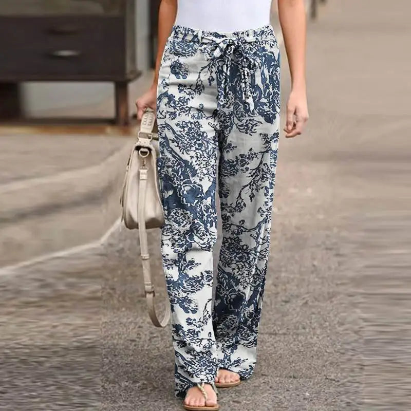 Women Casual Long Pants Print Lace Up Elastic Waist Pant Straight Spliced Pockets Lady Streetwear Elegant Lady Summer 2025