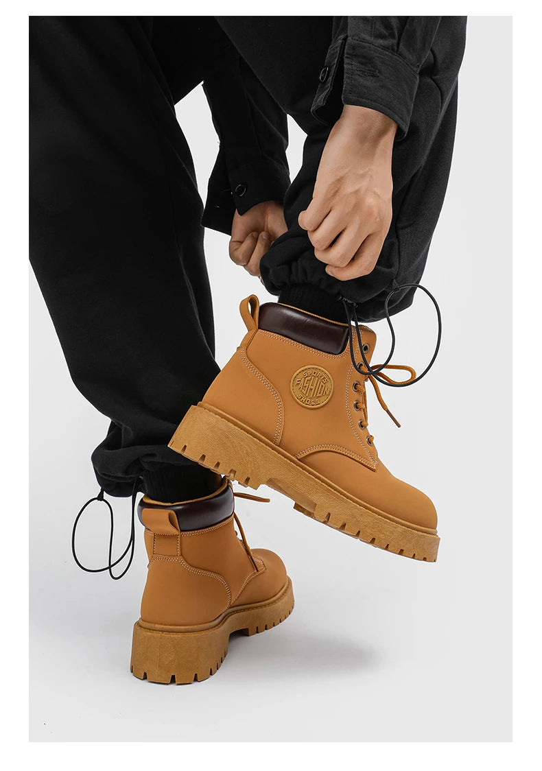 Men's High Top Boots Four Season Outdoor Work Shoes Anti Slip And Comfortable Yellow Boots Fashion British Casual Leather Boots
