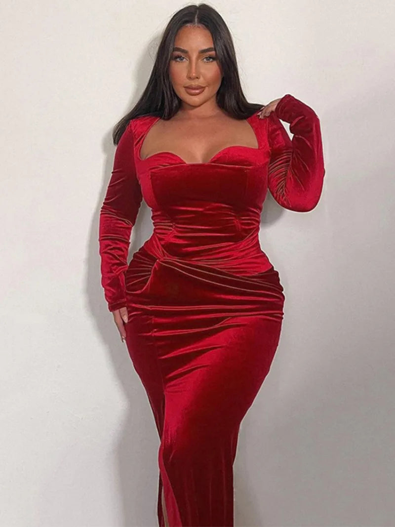Trendix Velvet Elegant Evening Dress For Women Square Collar Long Sleeve Sexy Maxi Dresses Party Solid Slim Side Slit Dress 2025