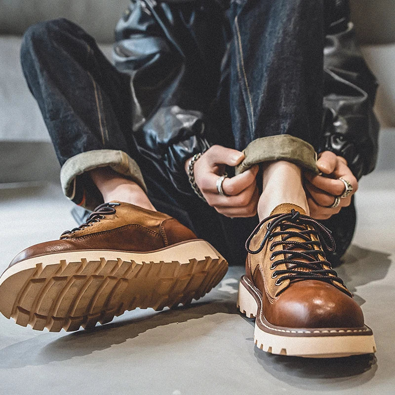 British Style Men's Work Shoes American Thick Soled Casual Shoes Men's Leather Trendy Shoes Retro Style Luxury Shoes