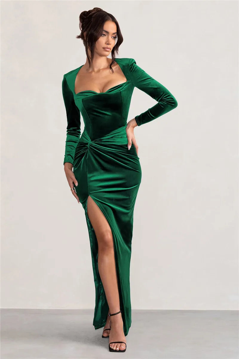 Mozision Square Collar Long Sleeve Sexy Maxi Dress For Women Velvet Fashion Ruched Split Bodycon Club Party Elegant Long Dress