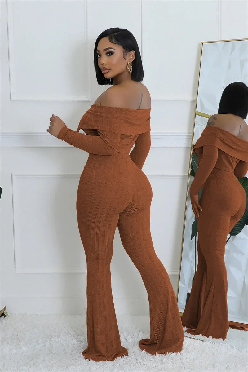 Sexy Knitted Two Piece Set for Women Birthday Outfits Off Shoulder Slash Neck Crop Top and Flare Pants Set Conjuntos Femininos