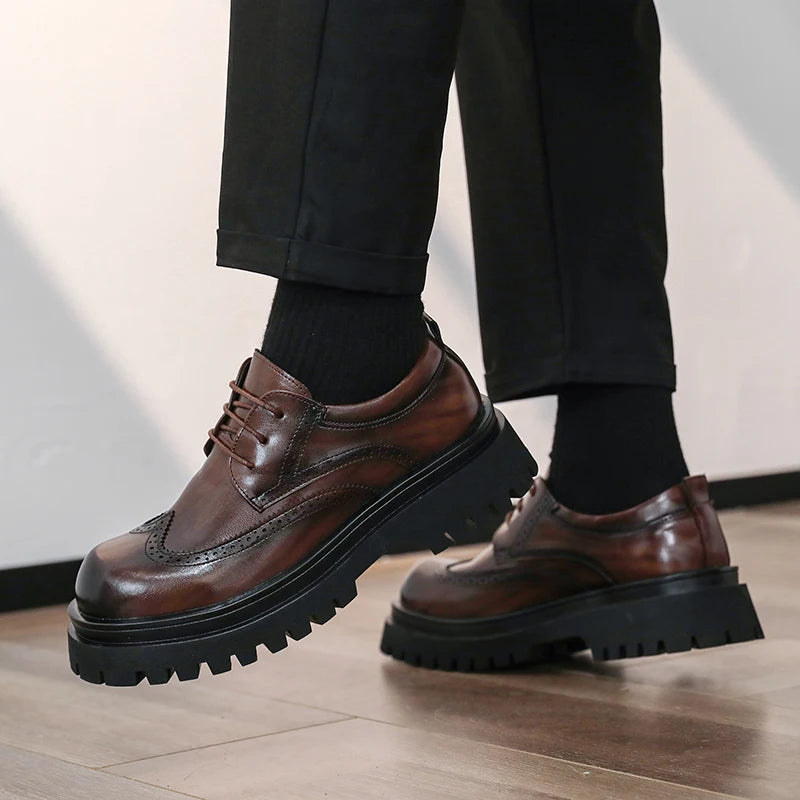 British Style Men's Block Shoes Thick Soled Durable for Office Interviews Formal Shoes Retro Brown Men's Shiny Leather Shoes