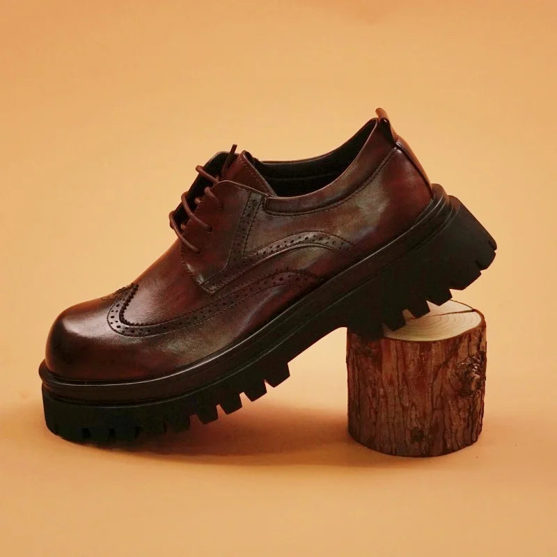British Style Men's Block Shoes Thick Soled Durable for Office Interviews Formal Shoes Retro Brown Men's Shiny Leather Shoes