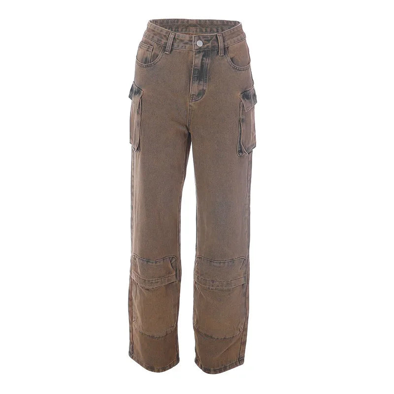 High Waist Tie Dye Denim Pants Women's Workwear Style Loose Fit Multi Pocket Trendy Street Fashion Long Trousers