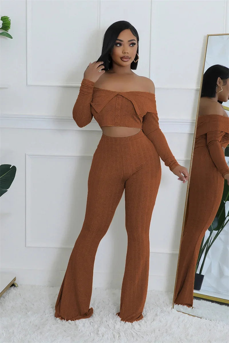 Sexy Knitted Two Piece Set for Women Birthday Outfits Off Shoulder Slash Neck Crop Top and Flare Pants Set Conjuntos Femininos