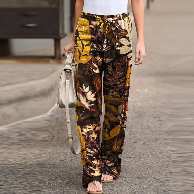 Women Casual Long Pants Print Lace Up Elastic Waist Pant Straight Spliced Pockets Lady Streetwear Elegant Lady Summer 2025