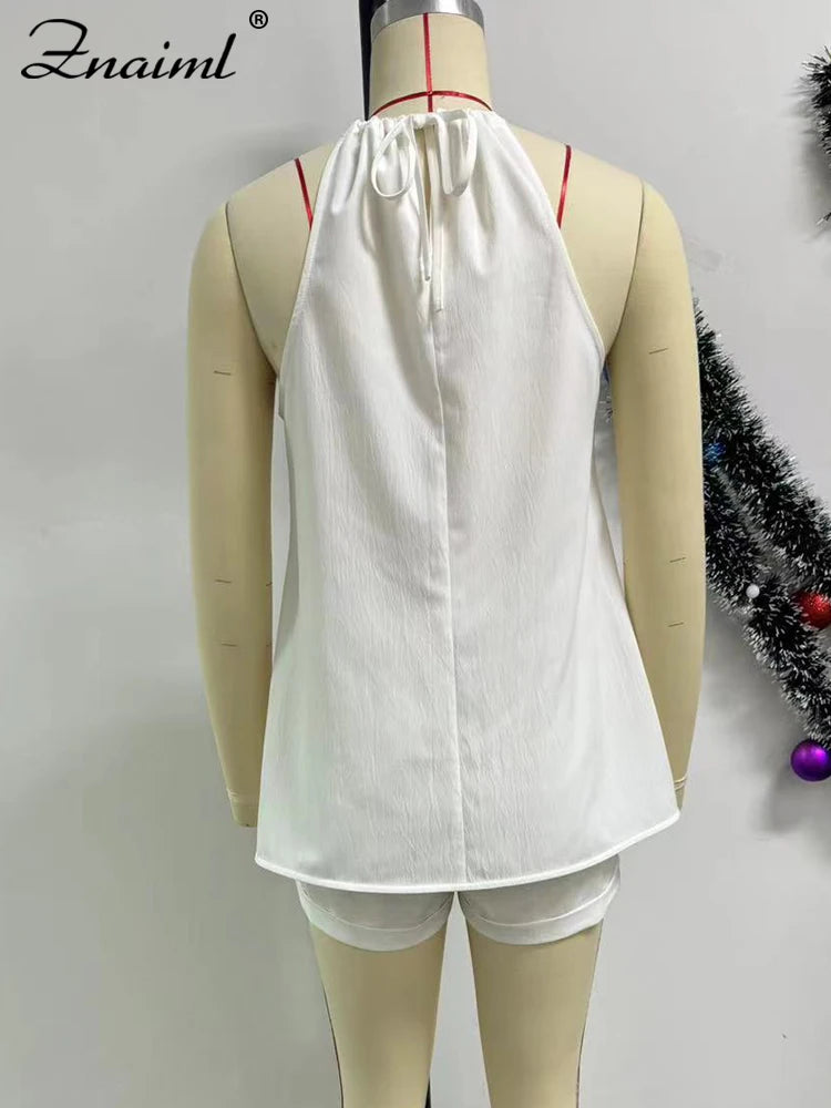 Znaiml Elegant Slit Hollow White Two 2 Pieces Set for Women Halter Bandage Sleeveless Top and Shorts Outfits 2pcs Beach Clubwear