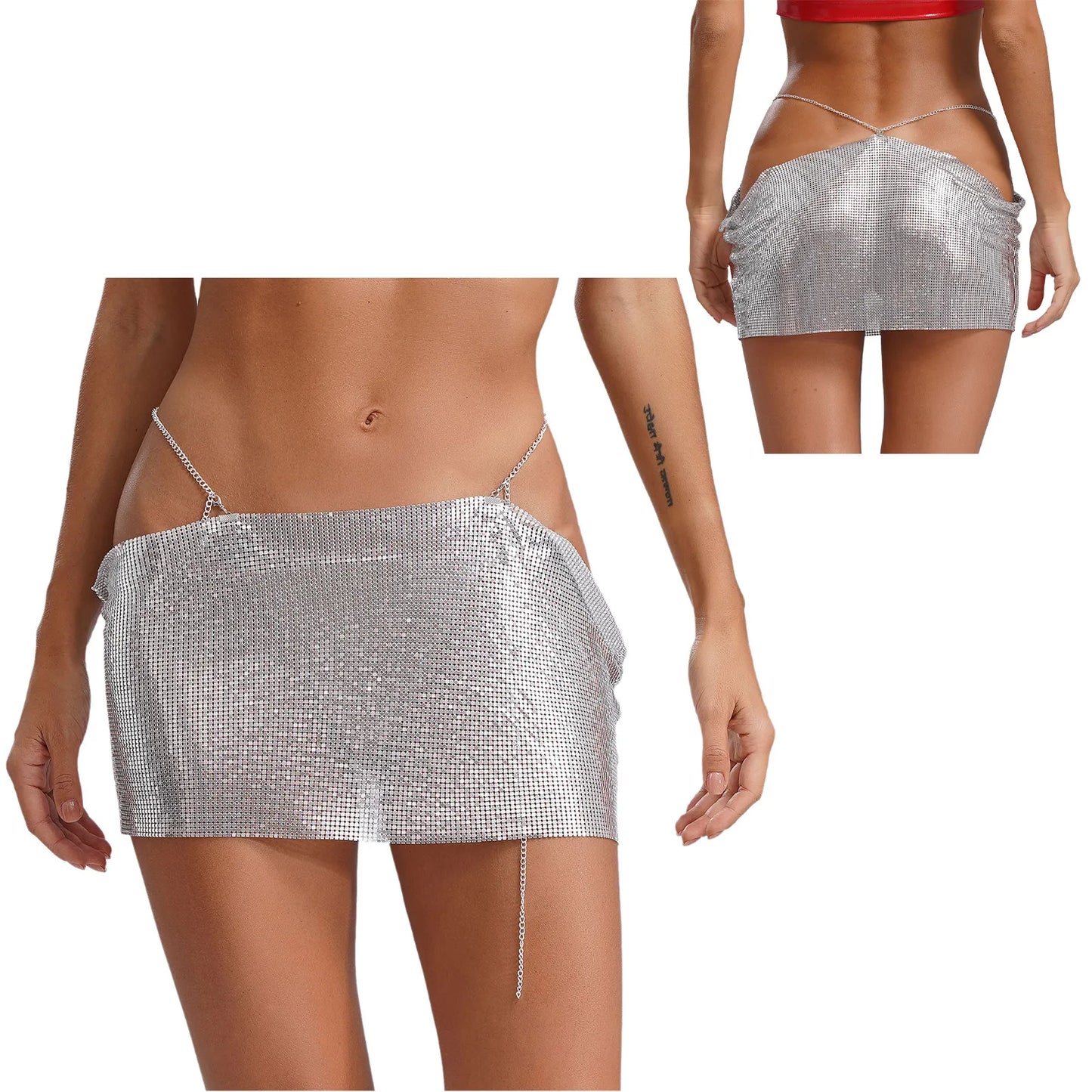 Women Sparkly Sequins Mini Skirt Low Waist Metal Chains Waistband Glitter Skirts Sexy Miniskirt Nightclub Rave Party Clubwear