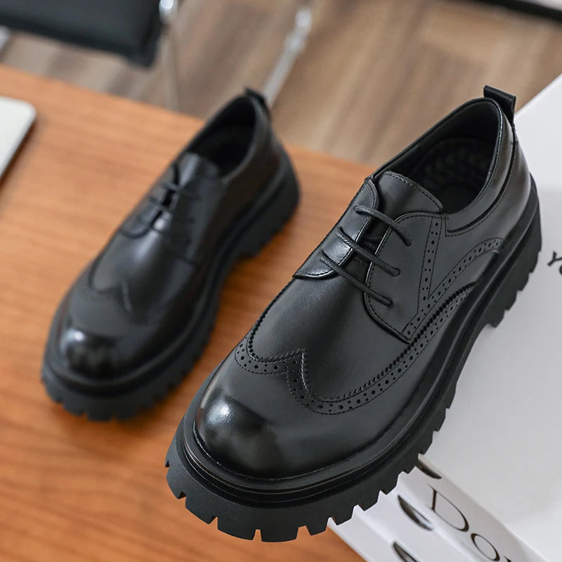 British Style Men's Block Shoes Thick Soled Durable for Office Interviews Formal Shoes Retro Brown Men's Shiny Leather Shoes