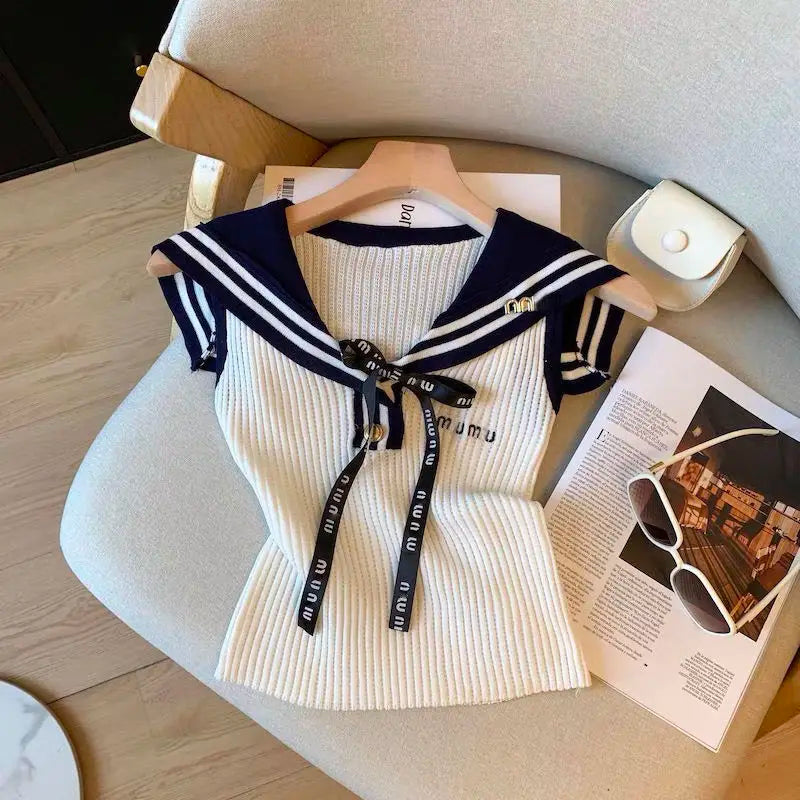 Summer Letter Embroidered Knitting Tank Top Women Clothes Preppy Style Lacing Patchwork Sailor Collar Sleeveless Pullovers Tops
