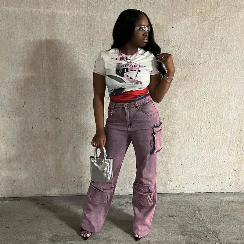 High Waist Tie Dye Denim Pants Women's Workwear Style Loose Fit Multi Pocket Trendy Street Fashion Long Trousers
