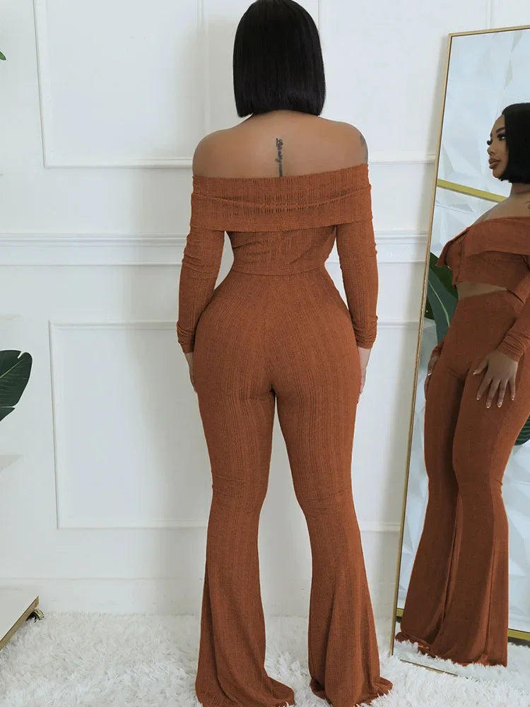 Sexy Knitted Two Piece Set for Women Birthday Outfits Off Shoulder Slash Neck Crop Top and Flare Pants Set Conjuntos Femininos