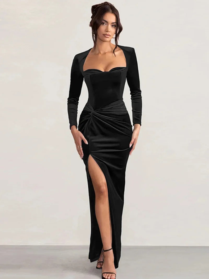 Trendix Velvet Elegant Evening Dress For Women Square Collar Long Sleeve Sexy Maxi Dresses Party Solid Slim Side Slit Dress 2025