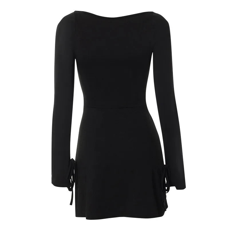 Spring New Mini Dresses Women Streetwear Fashion Long Sleeves Lace-up Split Dress Black Sexy Elegant Casual Slim Dresses Female