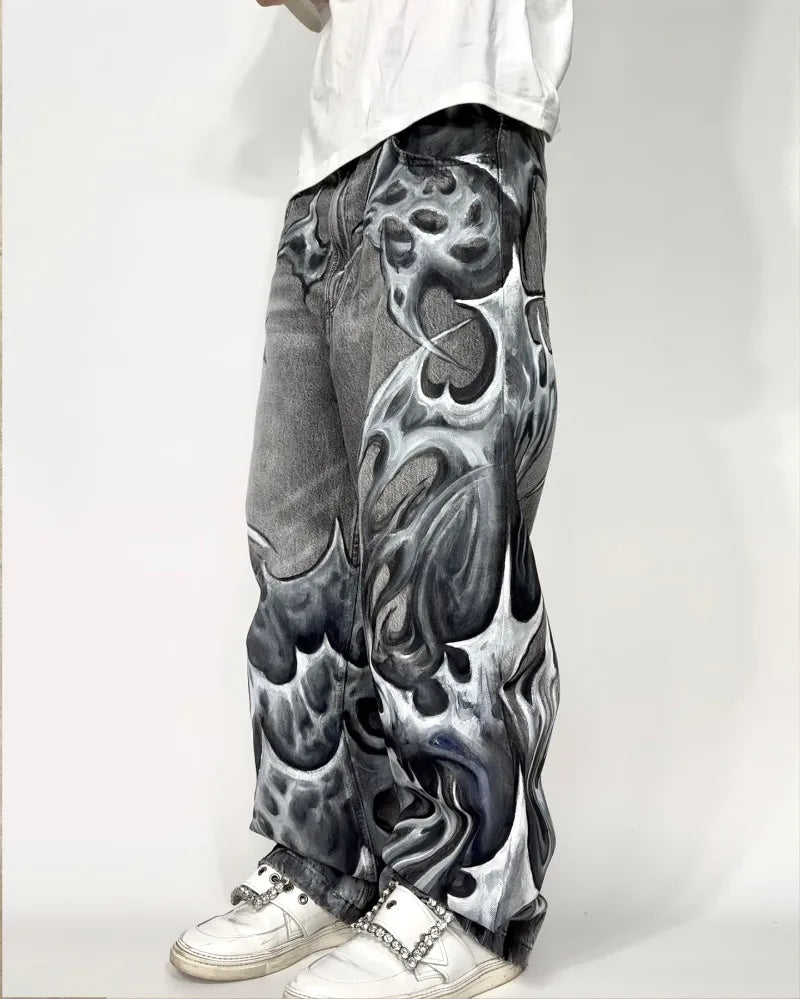 Vintage Mens Baggy Black Jeans Summer Gothic Cross Graffiti Straight Denim Pants High Street Women Casual Wide Leg Trousers