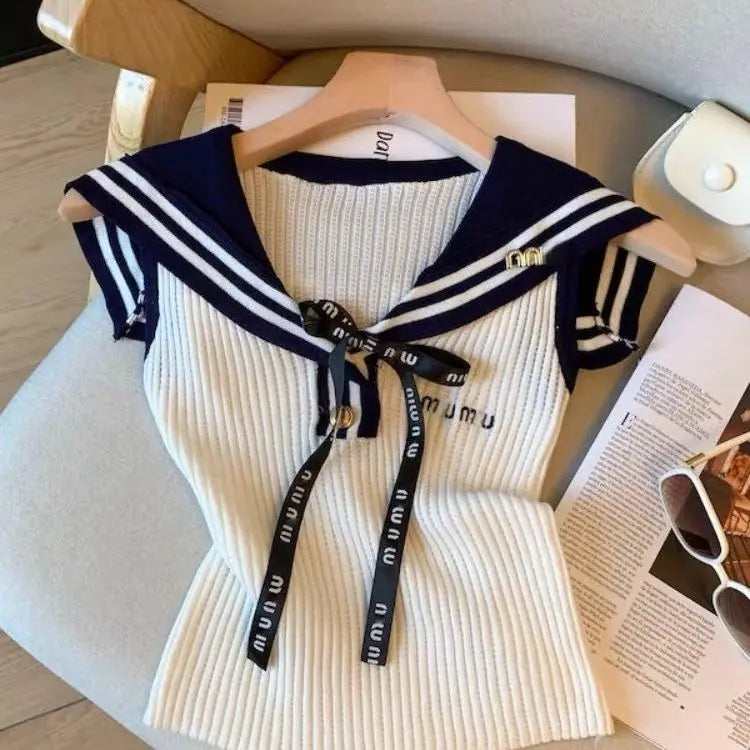 Summer Letter Embroidered Knitting Tank Top Women Clothes Preppy Style Lacing Patchwork Sailor Collar Sleeveless Pullovers Tops