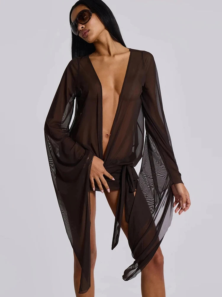 Irregular Women Mini Dress Sexy See Through Chic Long Sleeve Deep Low Neck Bandage Slim Vestidos Mujer Coquette Frock
