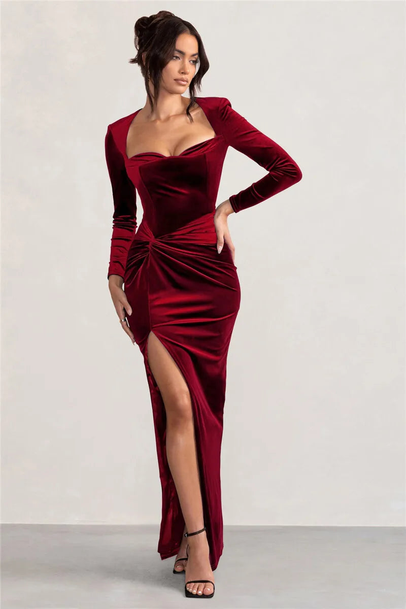 Mozision Square Collar Long Sleeve Sexy Maxi Dress For Women Velvet Fashion Ruched Split Bodycon Club Party Elegant Long Dress