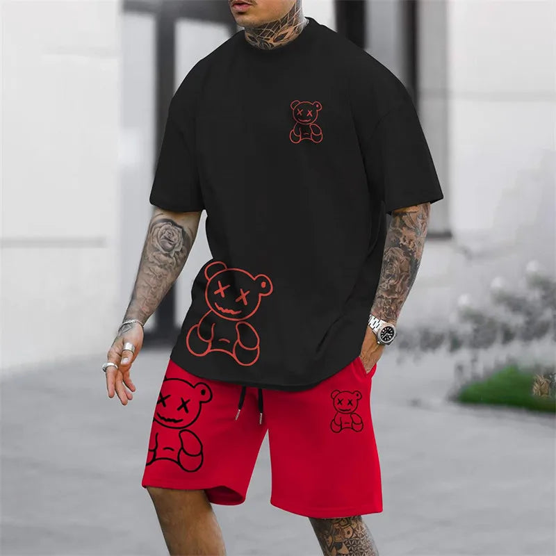 2024 Harajuku fun summer Men's T-shirt casual Daily couple Outdoor street suit Short sleeve shorts two-piece set
