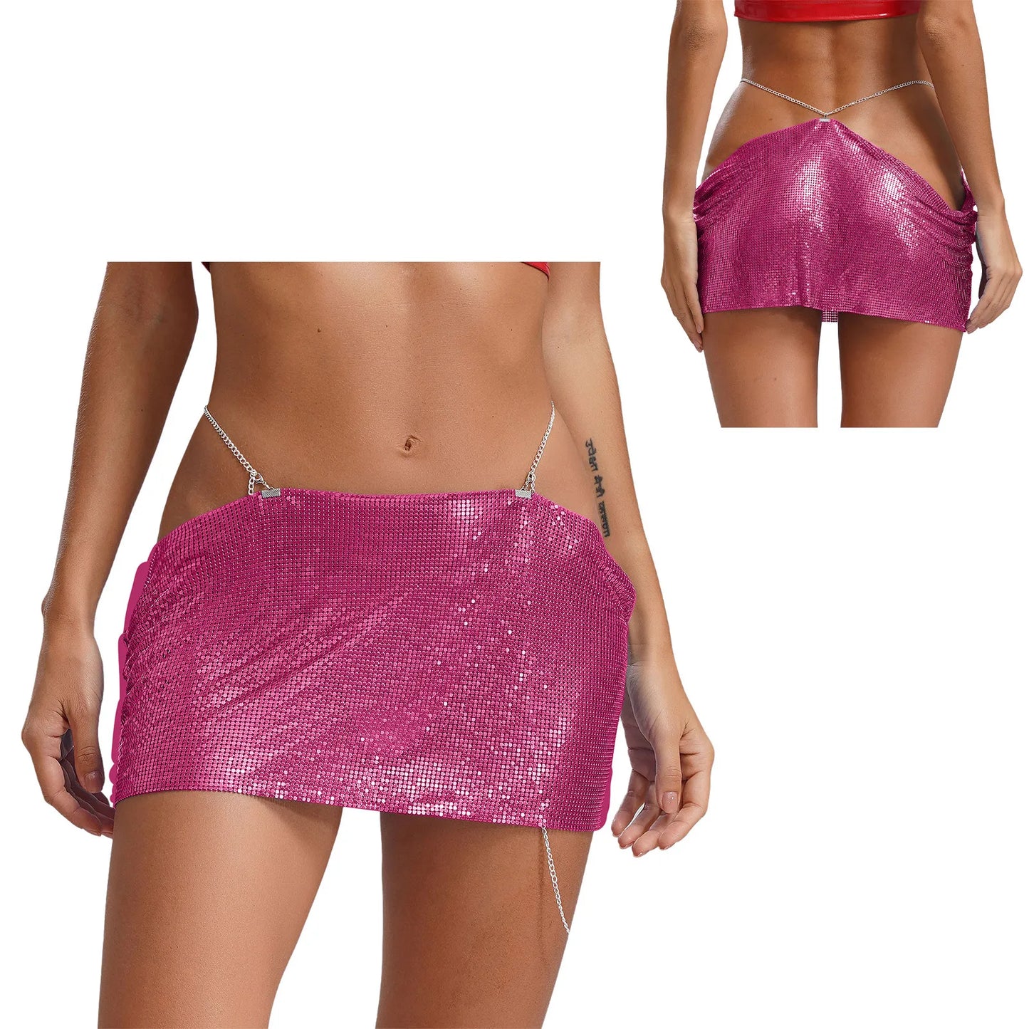 Women Sparkly Sequins Mini Skirt Low Waist Metal Chains Waistband Glitter Skirts Sexy Miniskirt Nightclub Rave Party Clubwear
