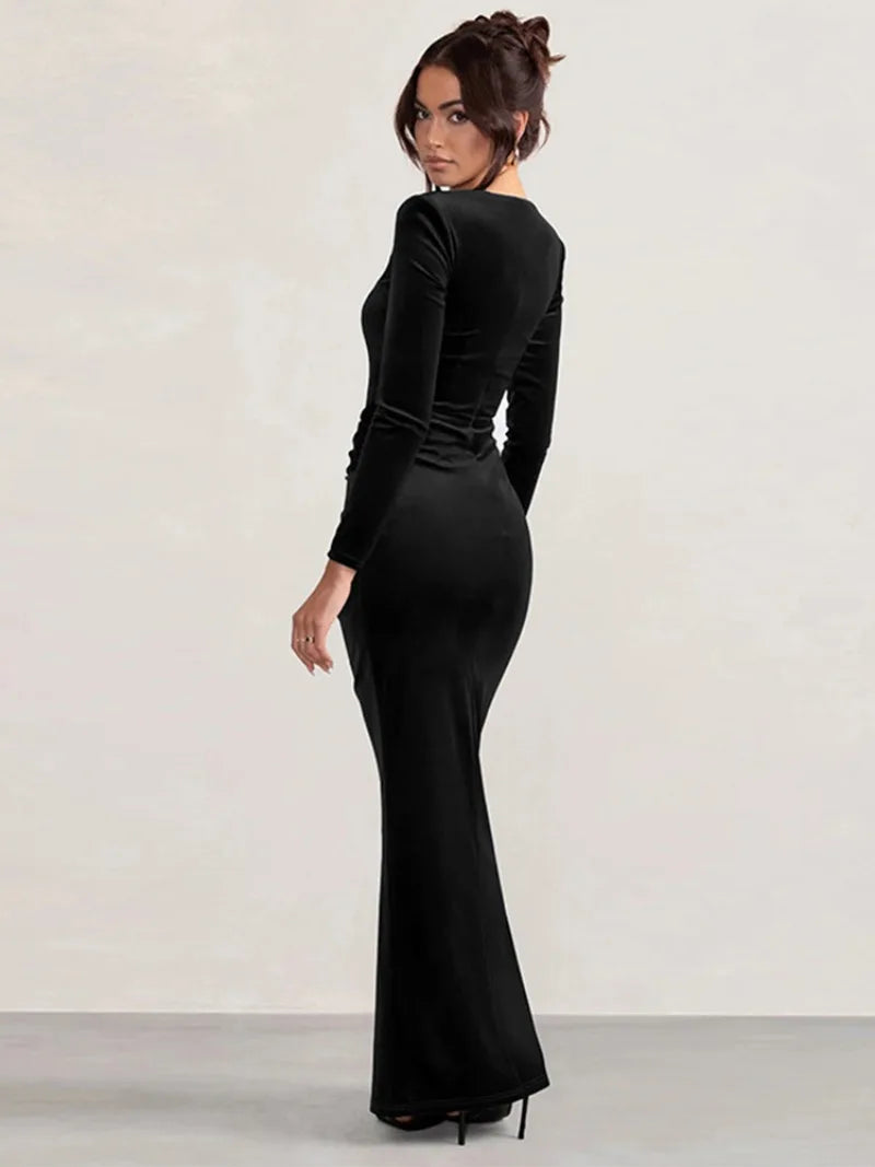 Trendix Velvet Elegant Evening Dress For Women Square Collar Long Sleeve Sexy Maxi Dresses Party Solid Slim Side Slit Dress 2025
