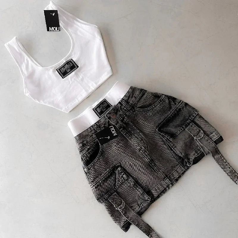 Euphoria Women Vintage Y2K Style High Street Pockets Sexy Skirts 2025 Spring Casual High Waist Vintage Hotsweet Mini Denim Skirt