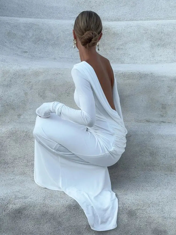 GACVGA Backless Long Sleeve Maxi Dress For Women 2024 Autumn Winter New High Waist White Ruched Sexy Bodycon Long Dress