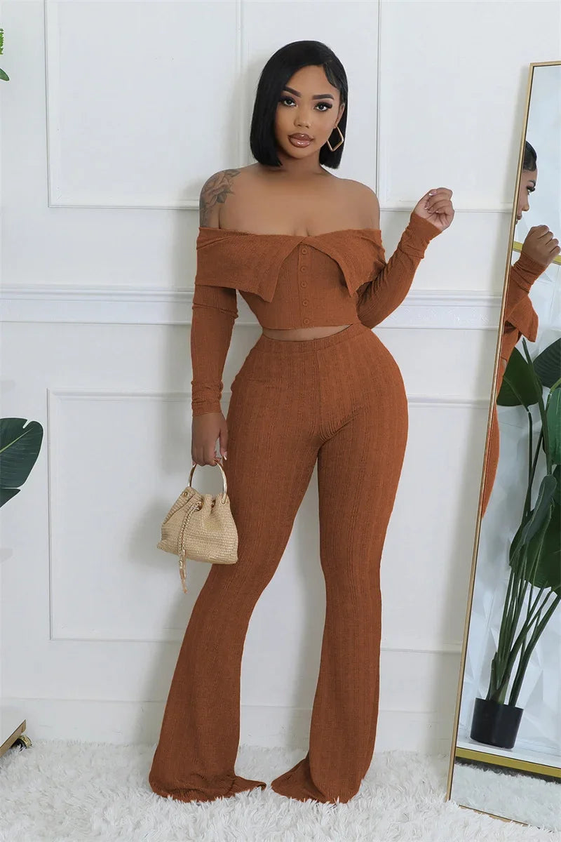 Sexy Knitted Two Piece Set for Women Birthday Outfits Off Shoulder Slash Neck Crop Top and Flare Pants Set Conjuntos Femininos