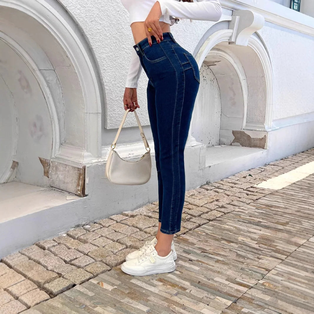 Europe and The United States Women's New Skinny Stretch Small Leg Jeans Four Seasons Simple Casual Denim Nine-point Pants Women
