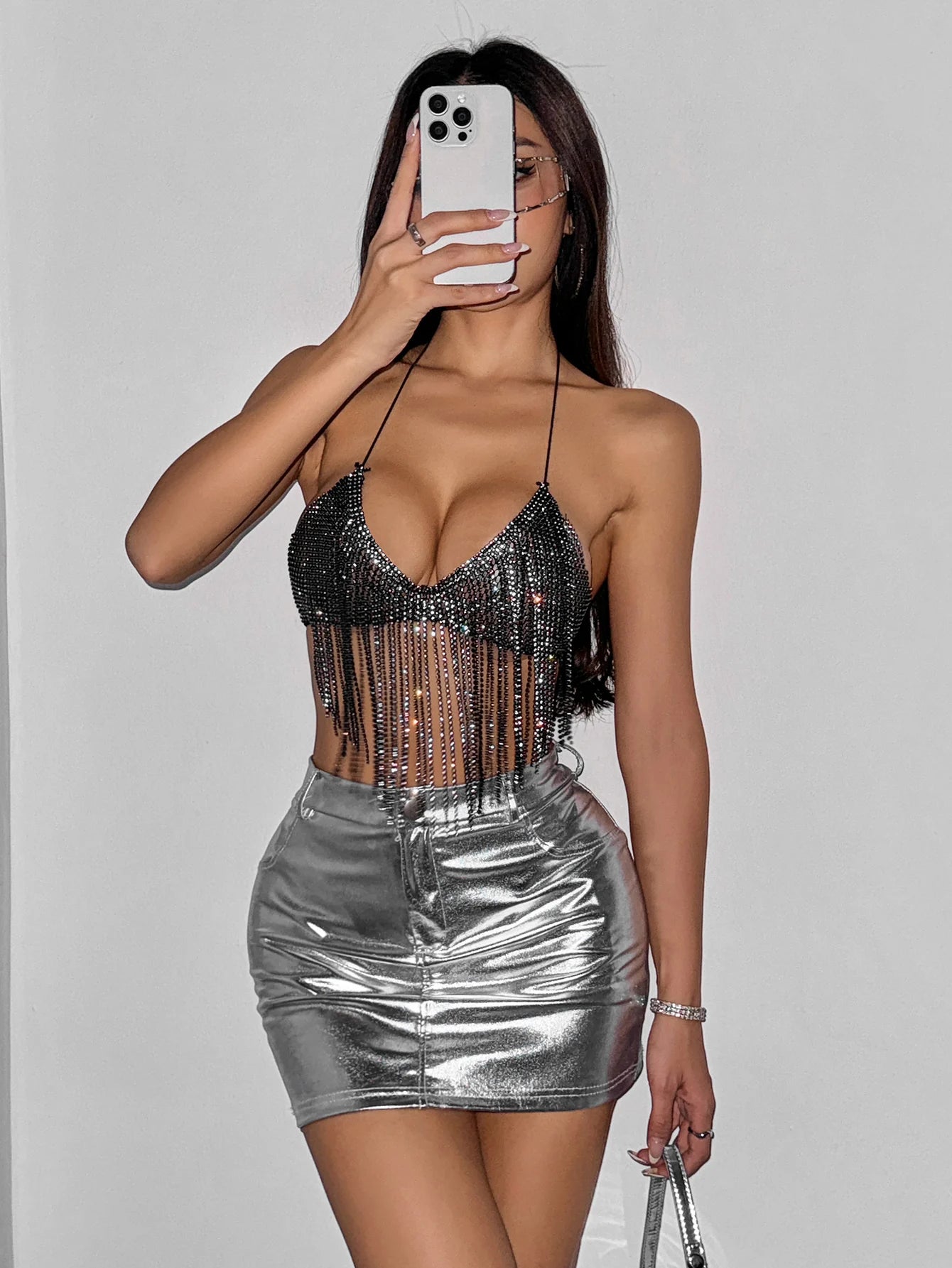 Luxury Rhinestone Tassel Decoration Tank Top For Women Summer Sexy Backless Bandage Halter Neck Crop Top Party Festival Camis