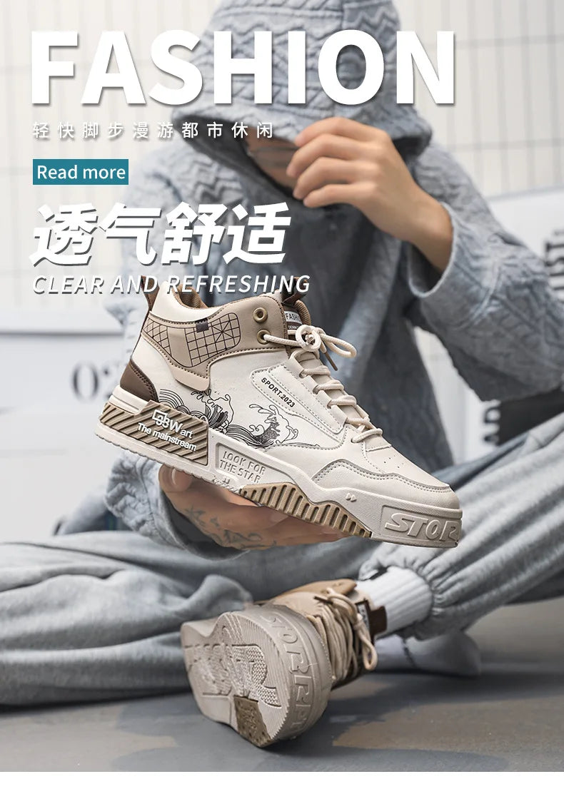 Pu Leather Sneakers Men's Ankle Boots High Top Vulcanized Shoes Casual Autumn Men Skateboard Shoes Street Youth Sports Shoes