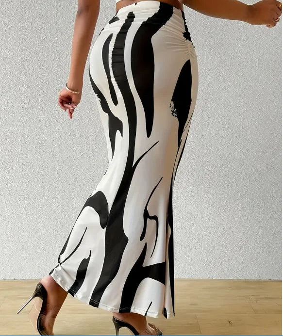 Long Skirts For Women Dressy Casual Graphic Zebra Print Pleated Skirts Spring New Fashion Elastic High Waist Geometry Streetwear
