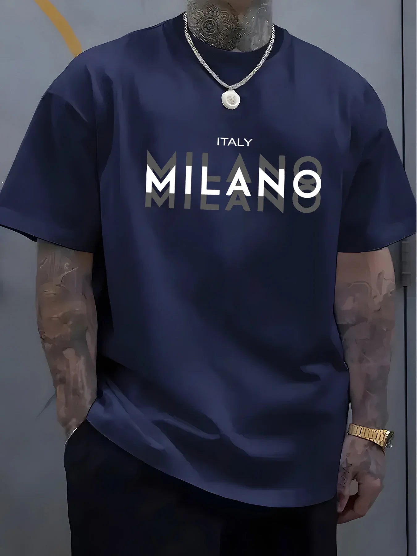 Summer men's comfortable round neck short-sleeved casual T-shirt Italian Milan print pattern
