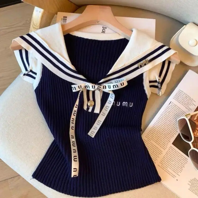 Summer Letter Embroidered Knitting Tank Top Women Clothes Preppy Style Lacing Patchwork Sailor Collar Sleeveless Pullovers Tops