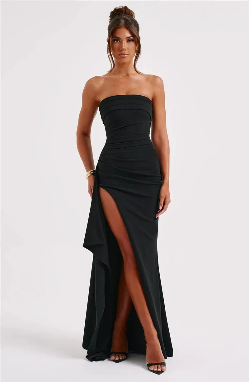 Mozision Strapless Backless High Split Maxi Dress Women Fashion Off-shoulder Sleeveless Bodycon Club Party Long Dress Elegant