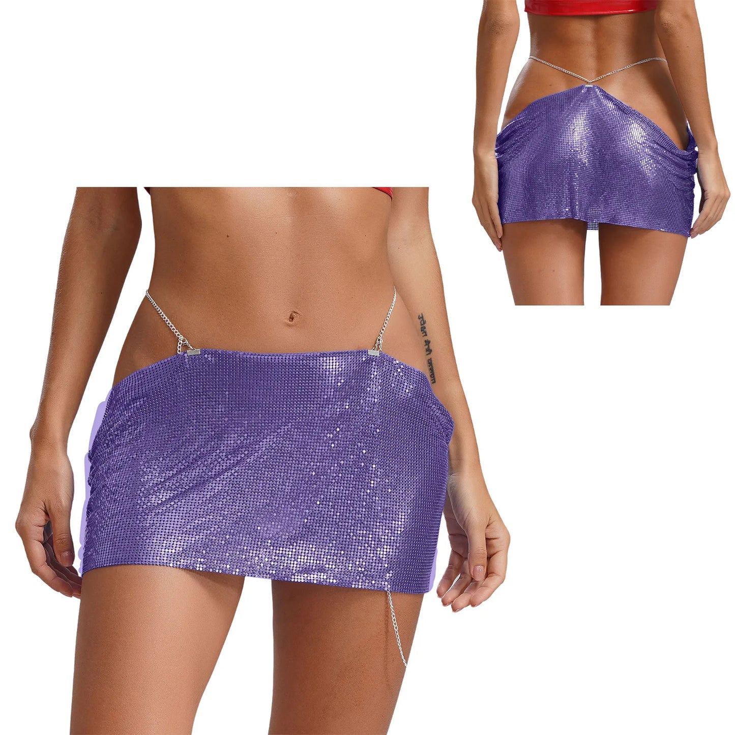 Women Sparkly Sequins Mini Skirt Low Waist Metal Chains Waistband Glitter Skirts Sexy Miniskirt Nightclub Rave Party Clubwear
