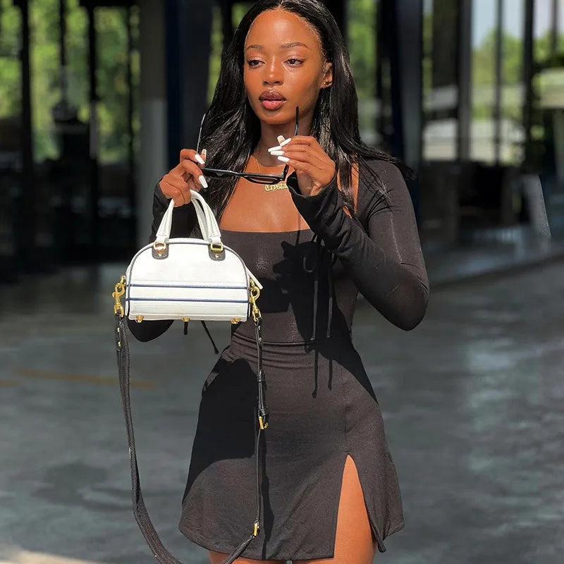 Spring New Mini Dresses Women Streetwear Fashion Long Sleeves Lace-up Split Dress Black Sexy Elegant Casual Slim Dresses Female