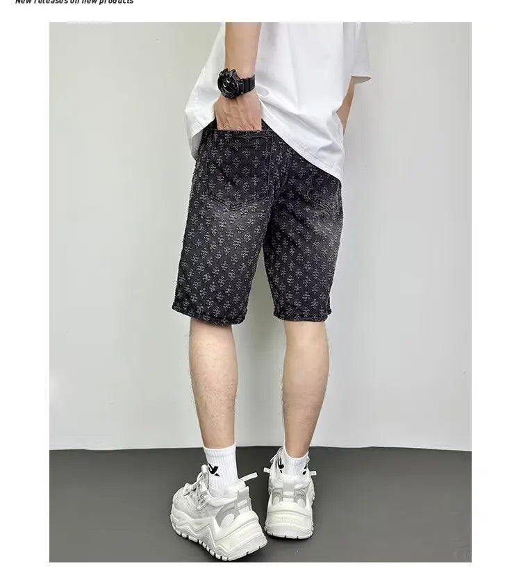 Fashion Casual Summer Light Blue Distressed Men Denim Shorts Smart Straight Leg Loosen Male High Street Niche Design Tide Shorts