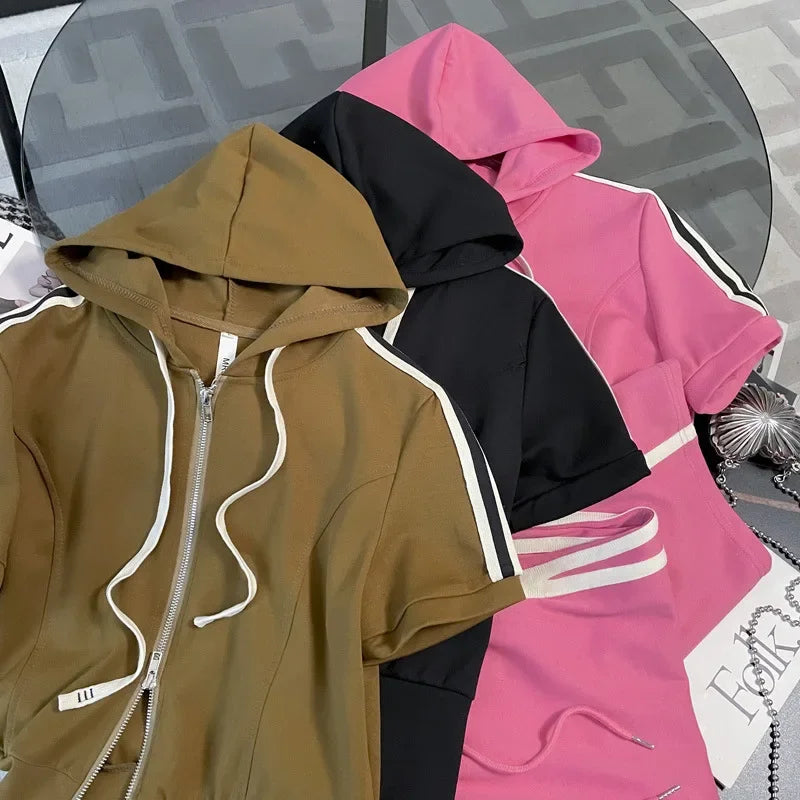 Korean Style Women's Sportswear Summer 2024 Trendy Age-Reducing Slimming Elegant Short Sleeves Hooded Top 2-Piece Set