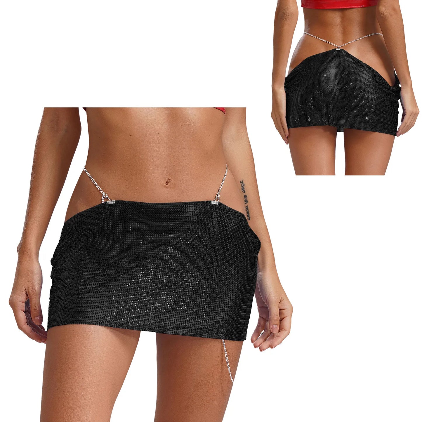 Women Sparkly Sequins Mini Skirt Low Waist Metal Chains Waistband Glitter Skirts Sexy Miniskirt Nightclub Rave Party Clubwear